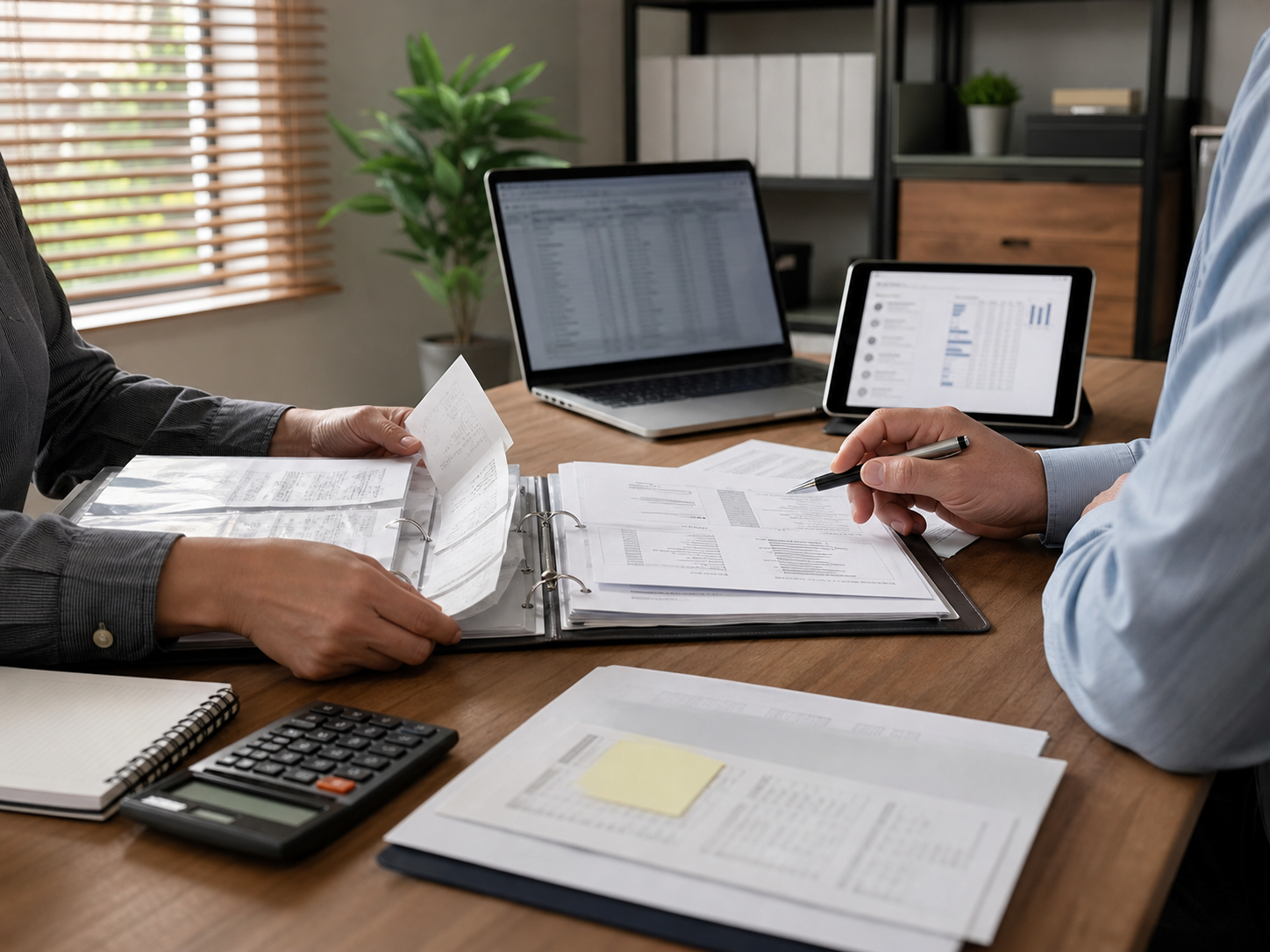 Business owner and advisor reviewing accounting records and online review evidence before a civil dispute