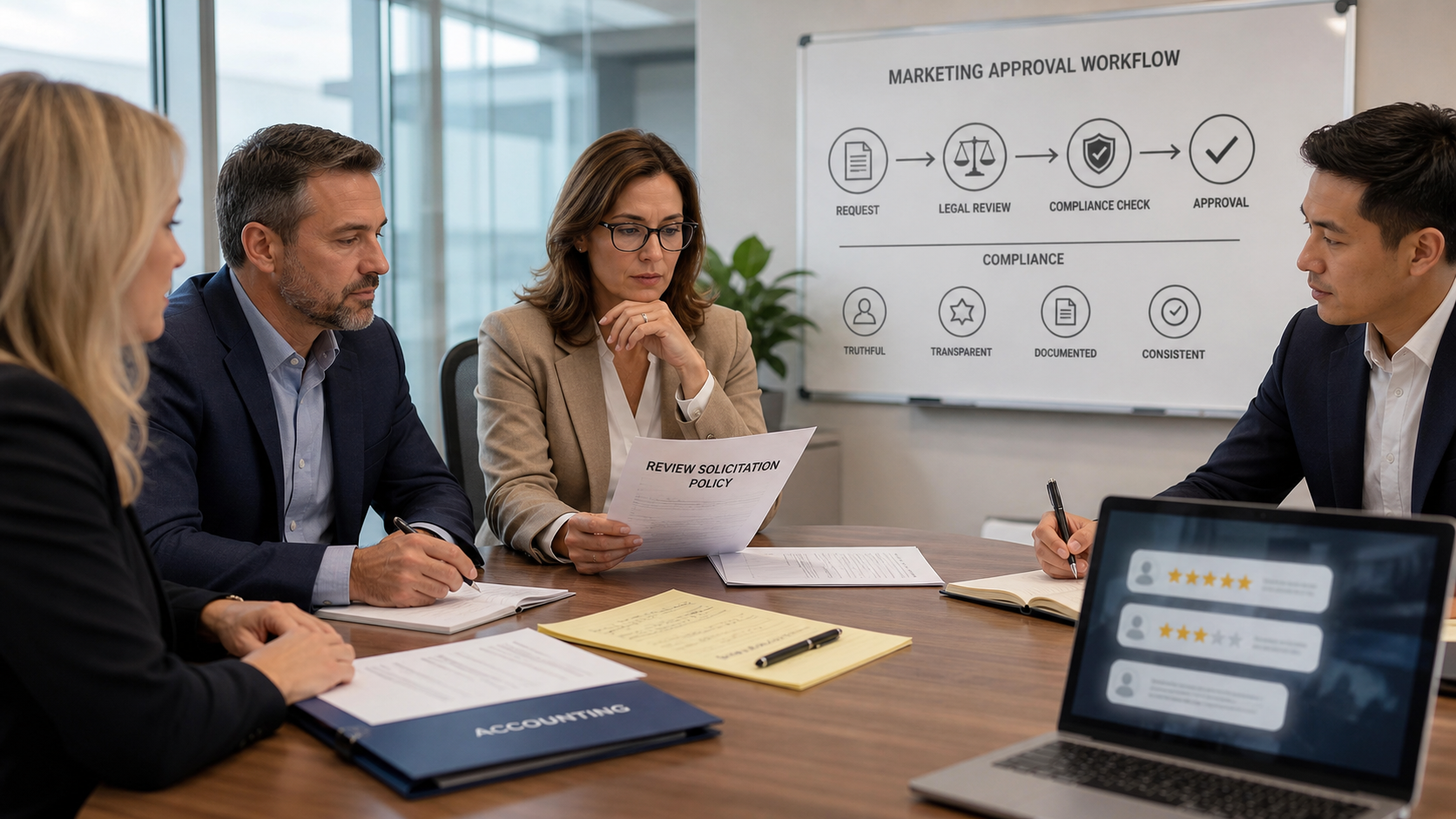 Business team reviewing review-solicitation policy, accounting records, and marketing approval workflow