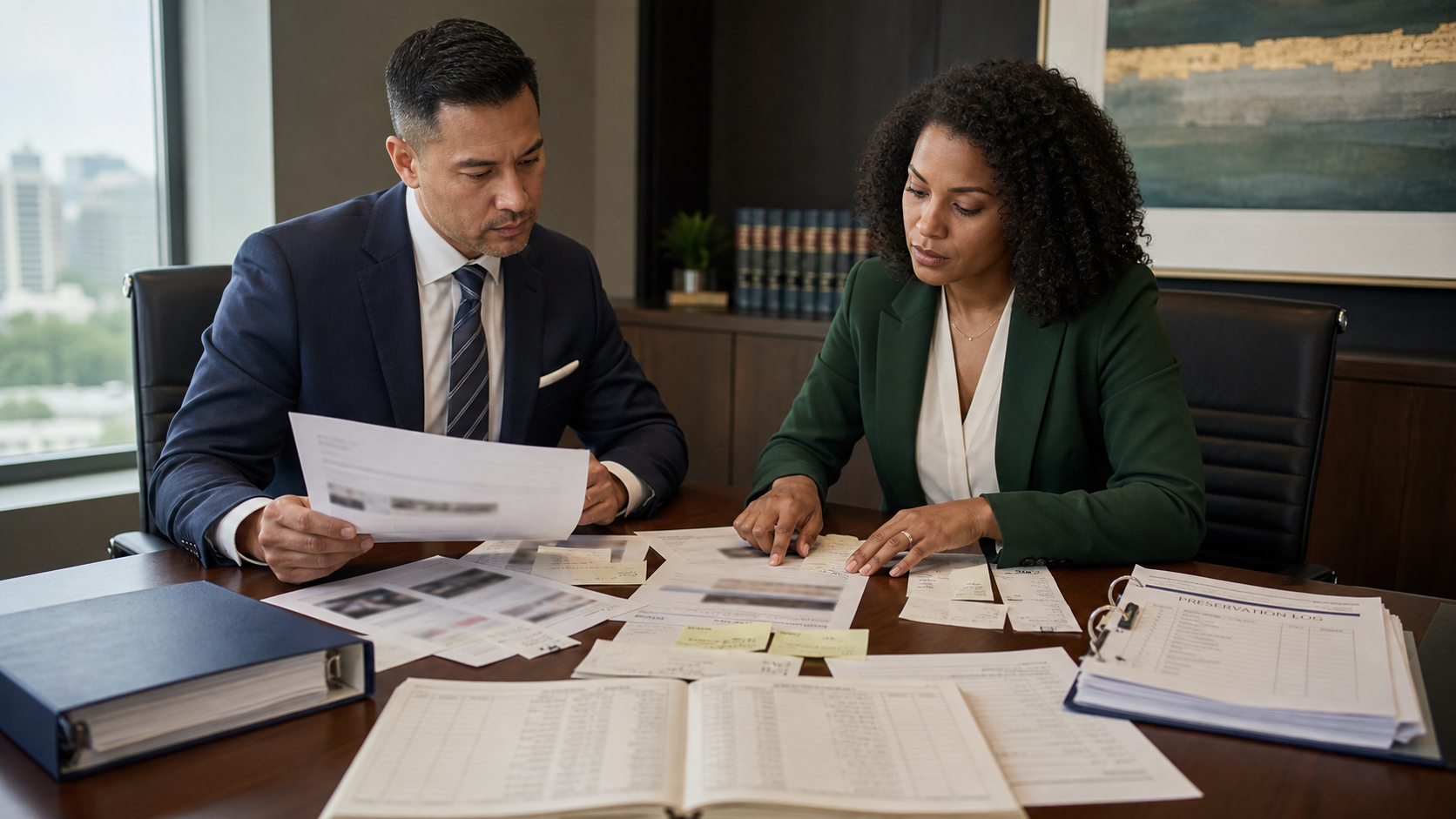 Attorney and business owner reviewing an organized evidence file for suspected AI-generated fake reviews