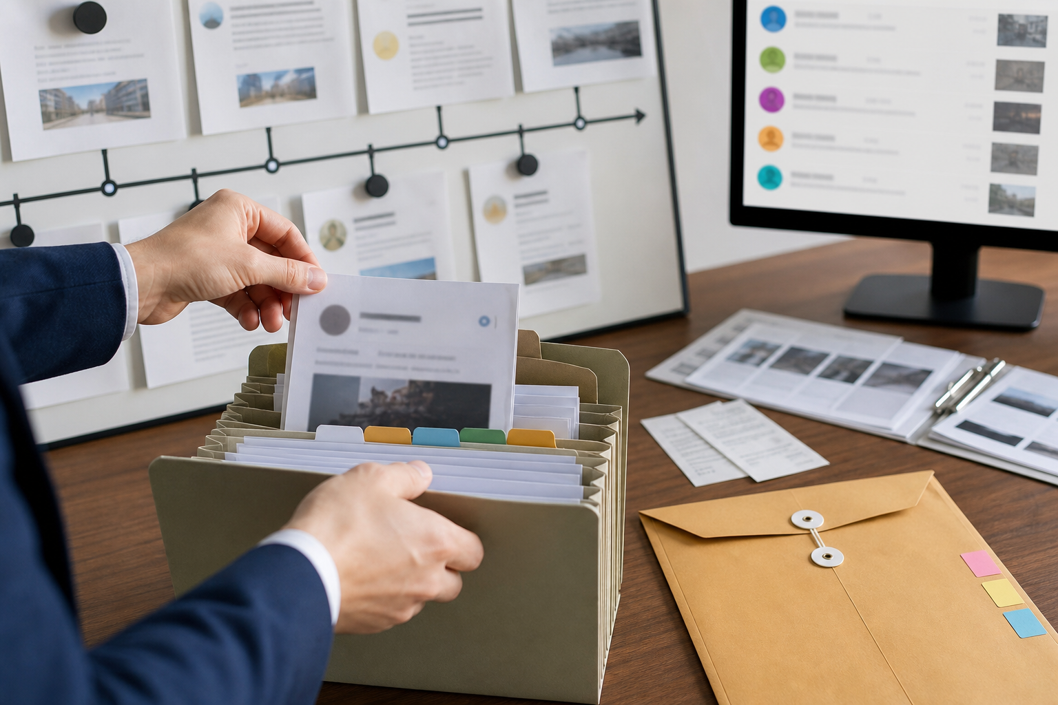 Professional evidence file with anonymized online review screenshots, business records, and a chronology board