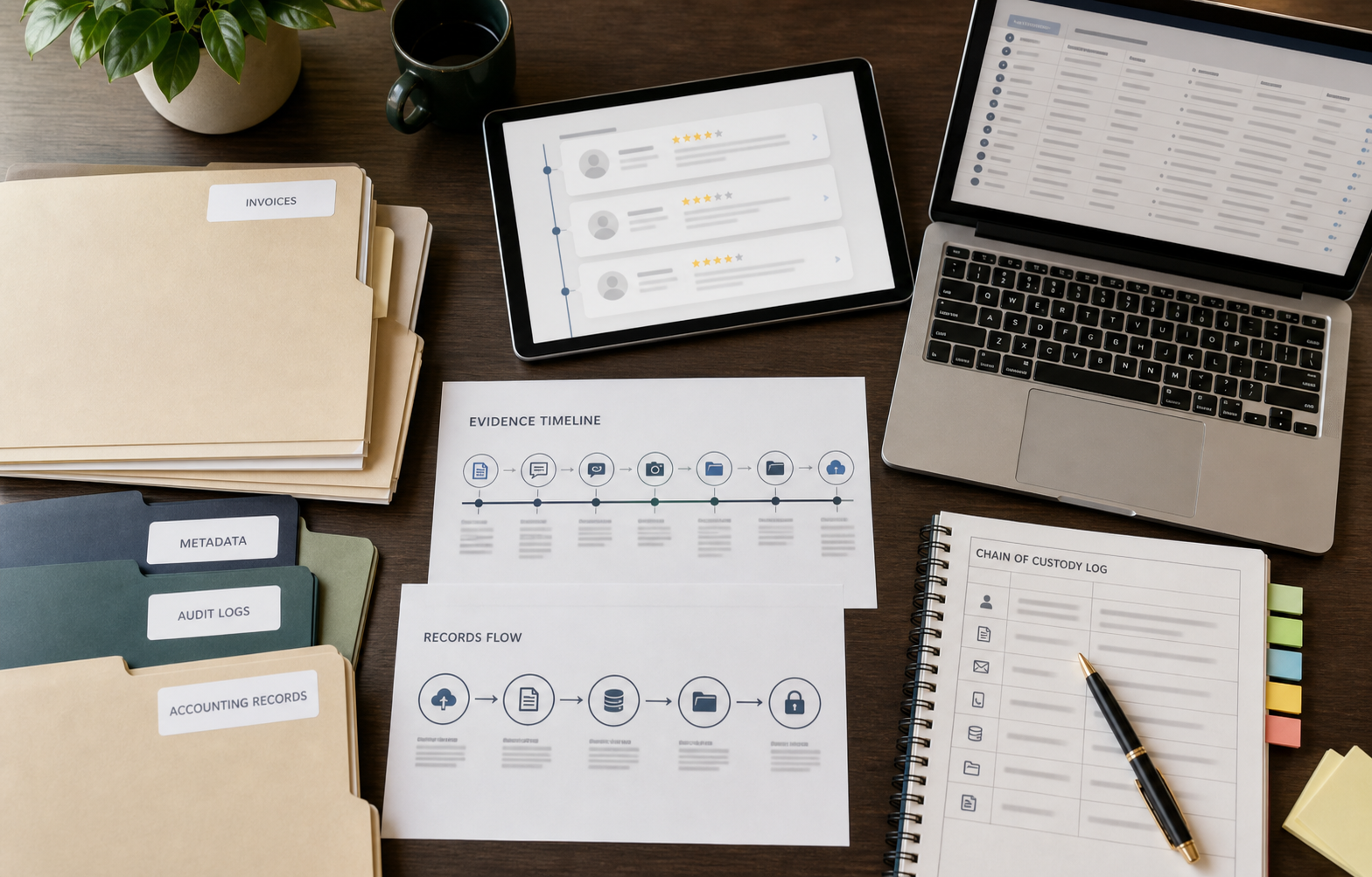 Organized audit logs, invoice folders, metadata notes, review evidence, and a chain-of-custody notebook on a professional office desk