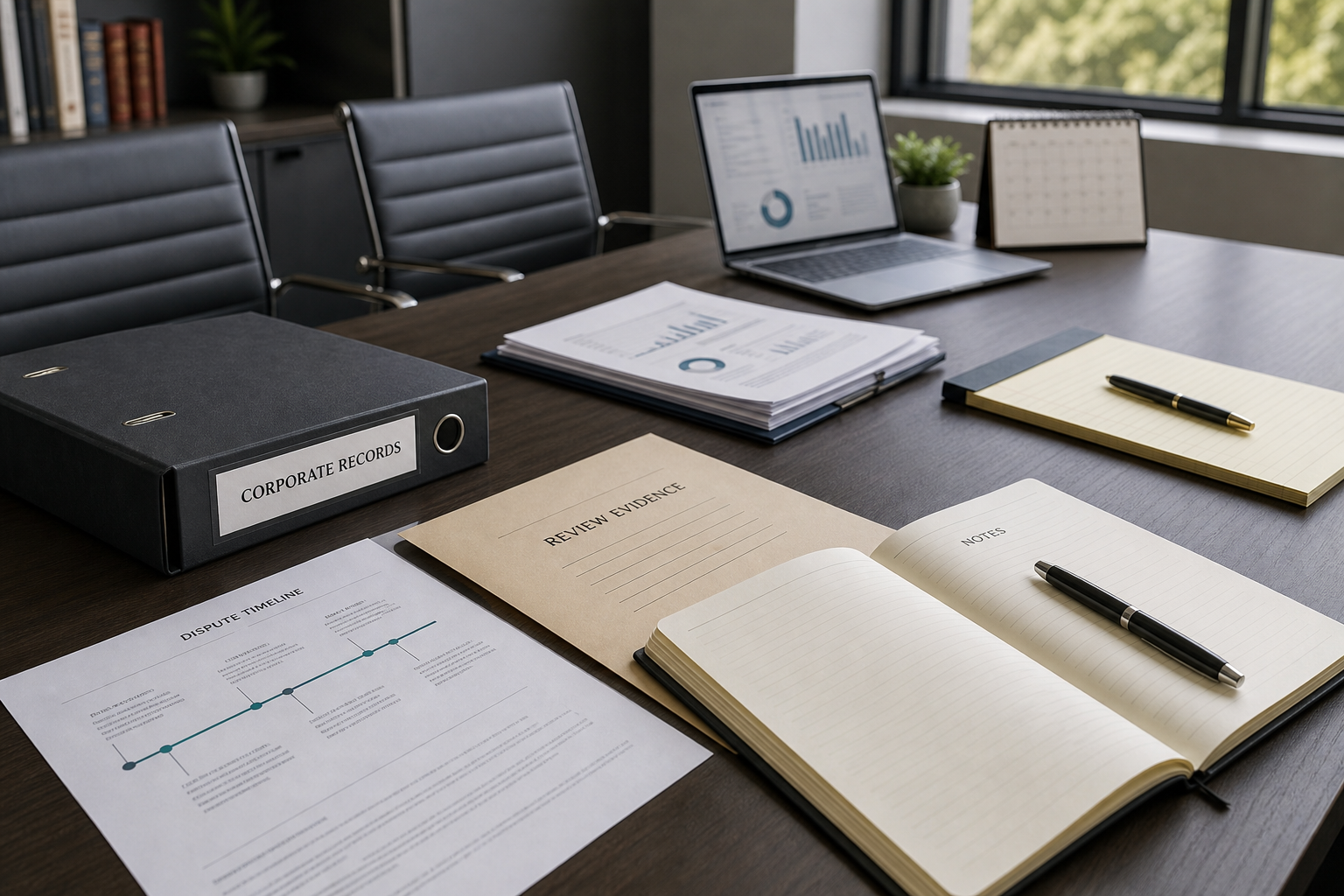 Law office consultation table with corporate records binder, dispute timeline, financial reports, and review evidence folder