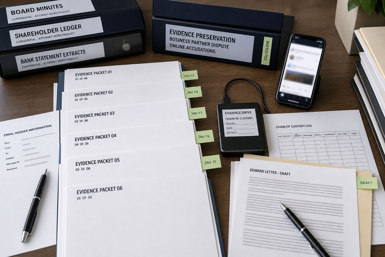 Organized corporate records, evidence packets, shareholder ledger, bank statement extracts, and a blurred abstract online post on a law office table