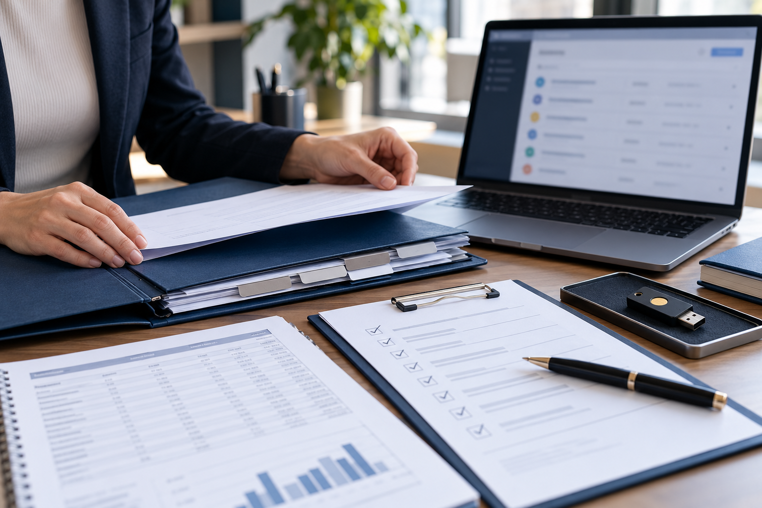 Business access checklist, vendor file, security key, and neutral admin dashboard arranged on a desk
