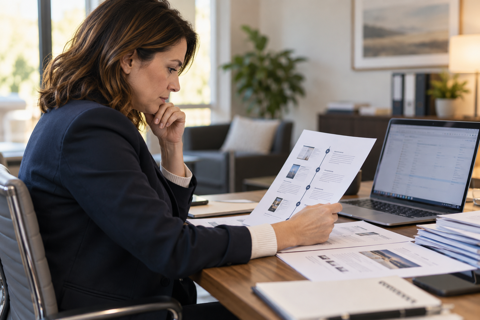 Business owner reviewing a neutral evidence timeline and vendor documents beside a laptop
