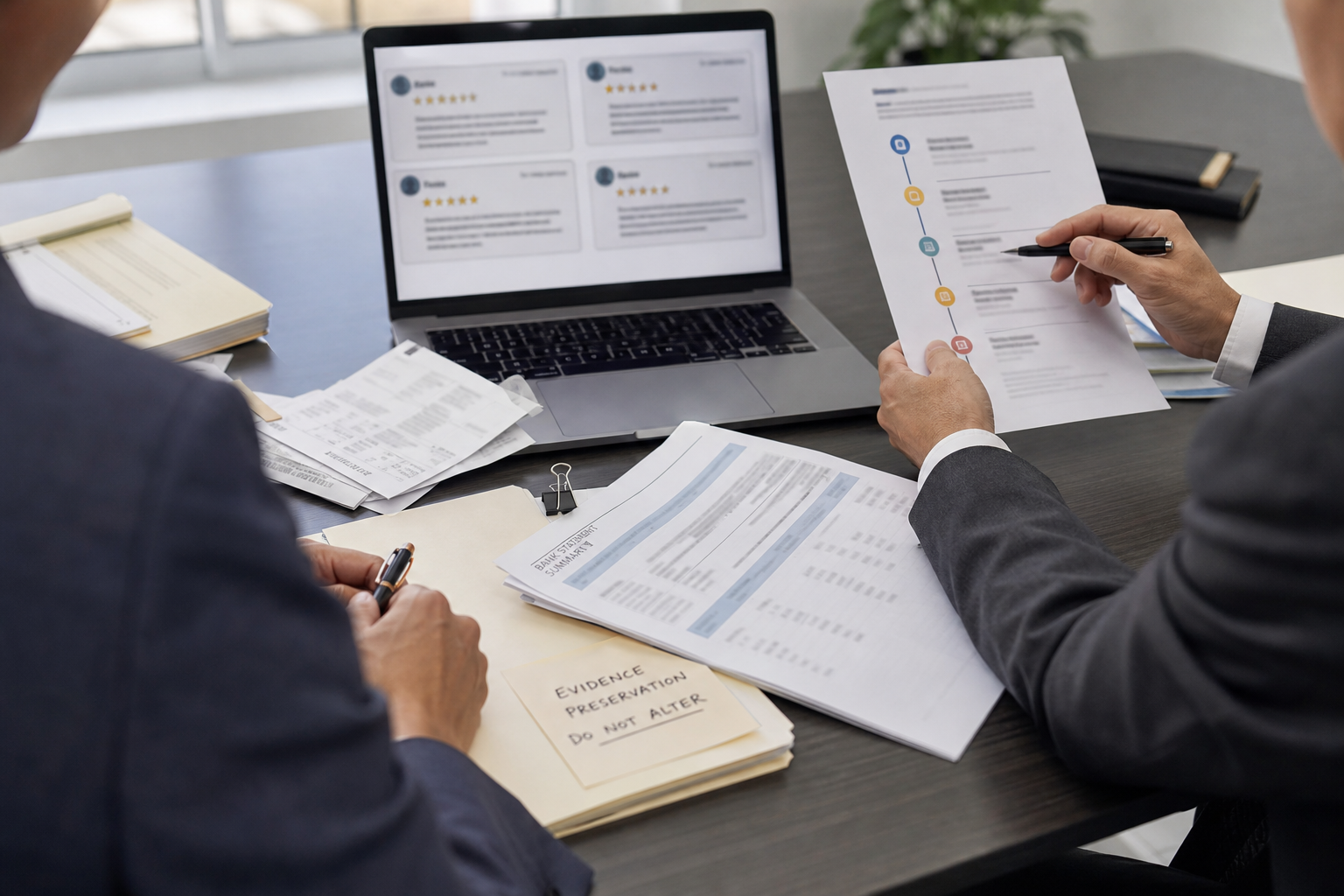Attorney and business owner reviewing preserved invoices, messages, and review evidence