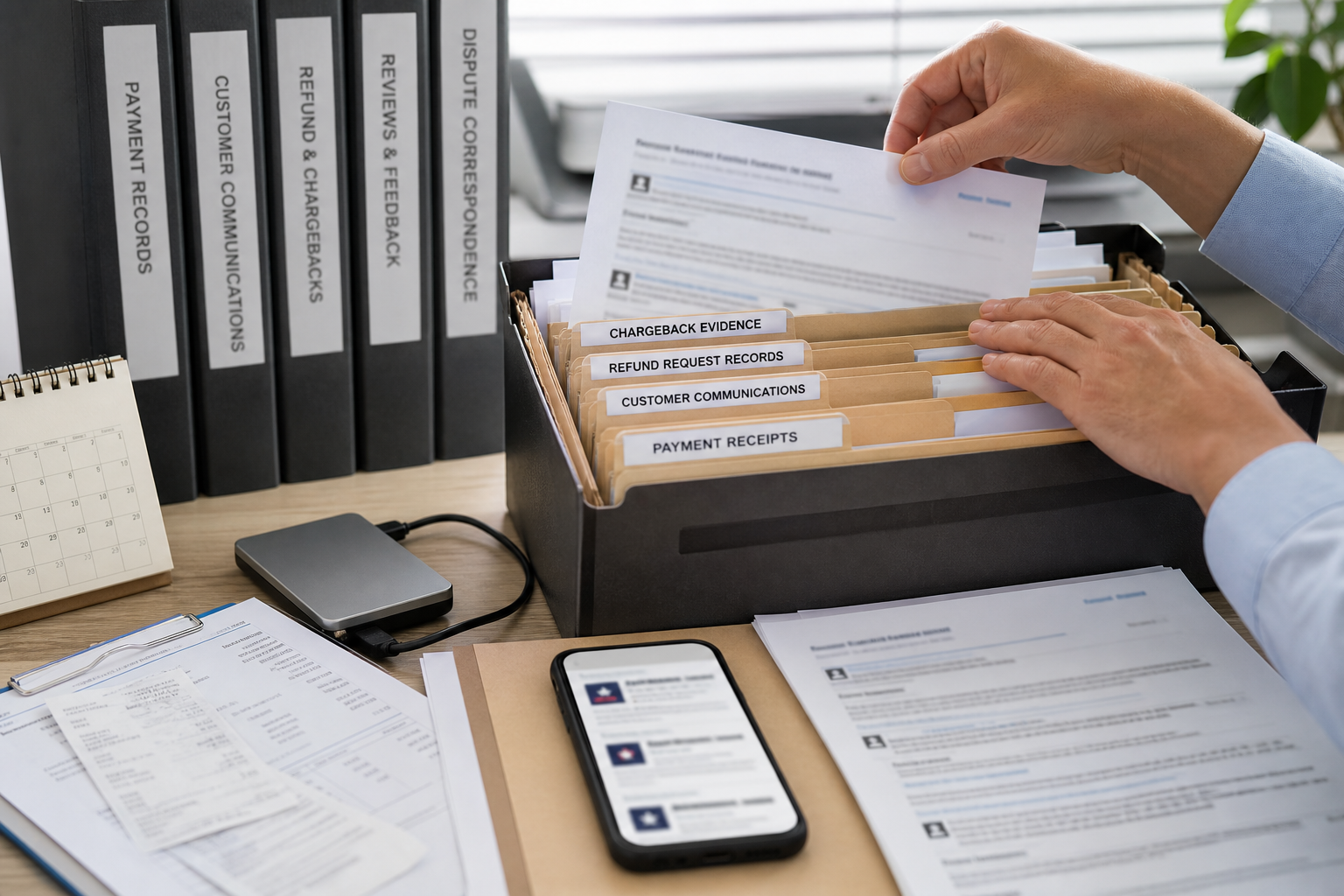 Organized business evidence file with chargeback records, refund requests, payment receipts, and online review materials