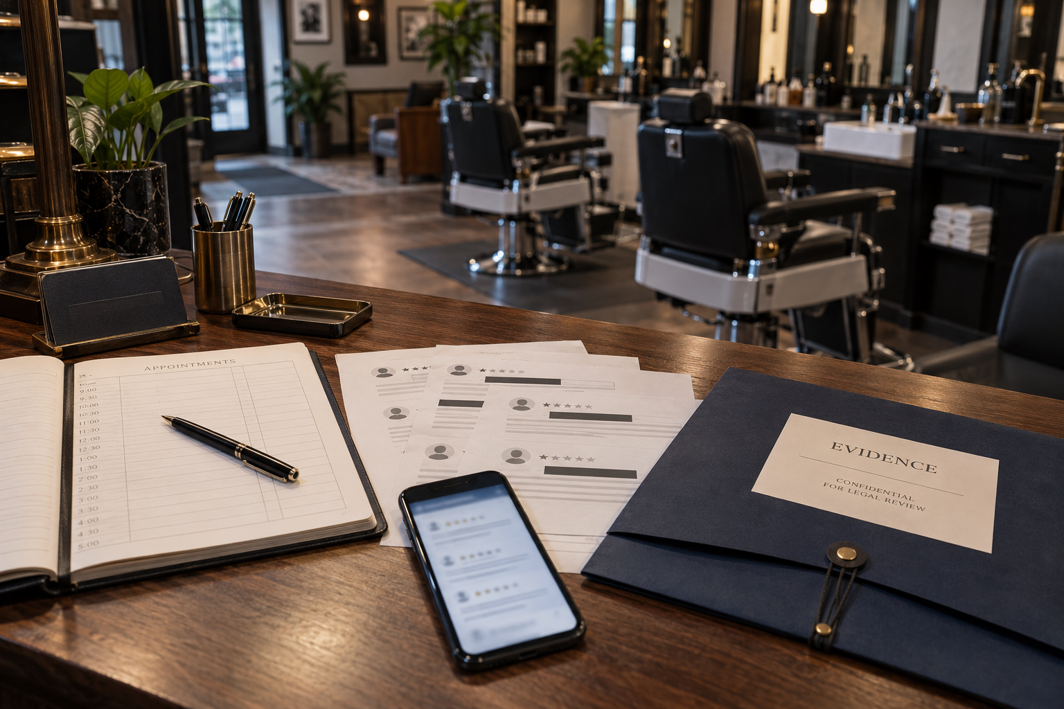 Upscale men's grooming studio reception desk with appointment ledger, abstract review printouts, and a confidential evidence folder