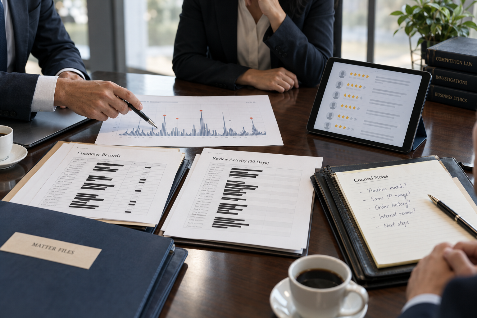Law office conference table with redacted customer records, abstract review cards, and charts showing suspicious review timing