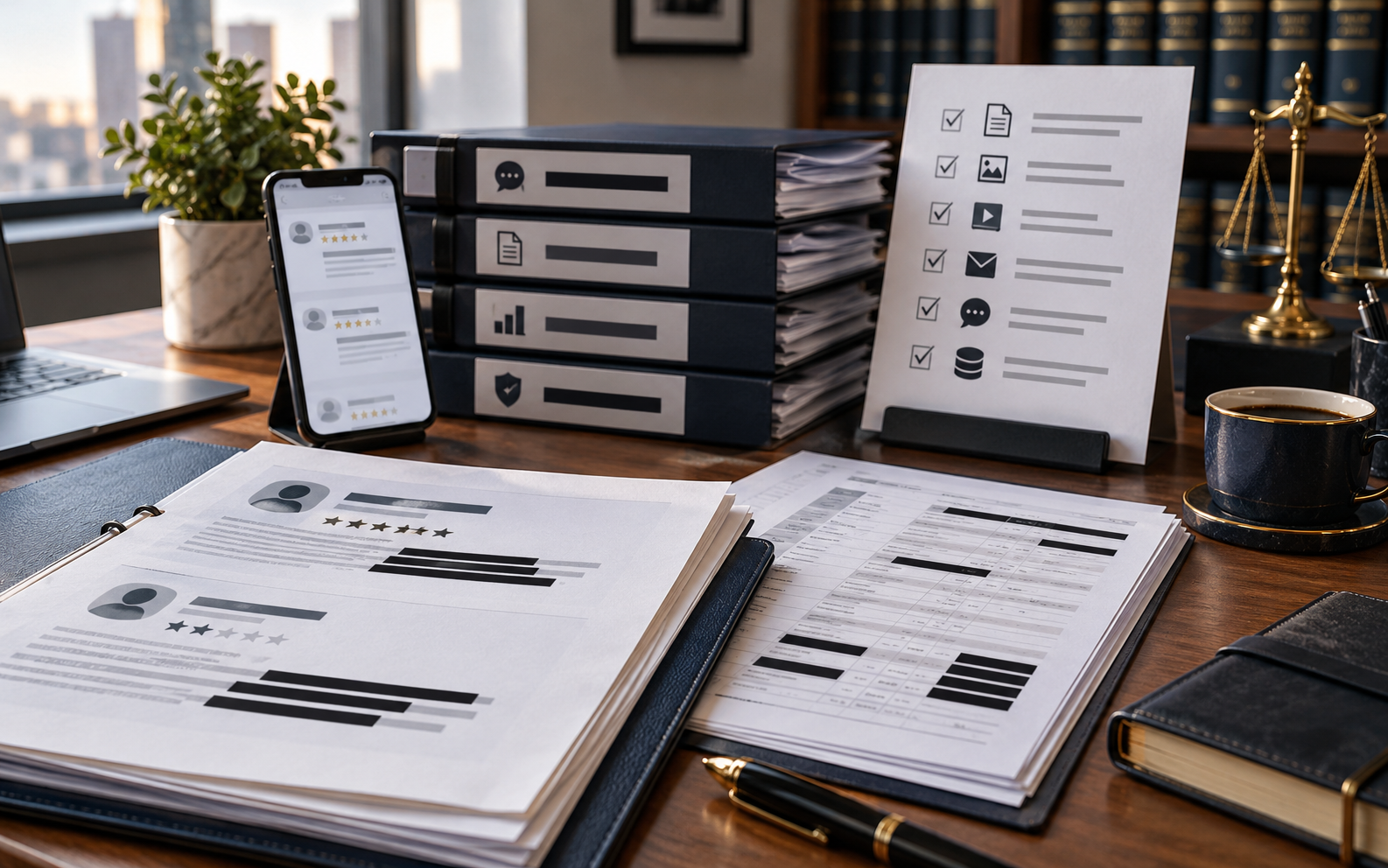 Redacted business records, abstract review screenshots, legal folders, and preservation checklist prepared for counsel review