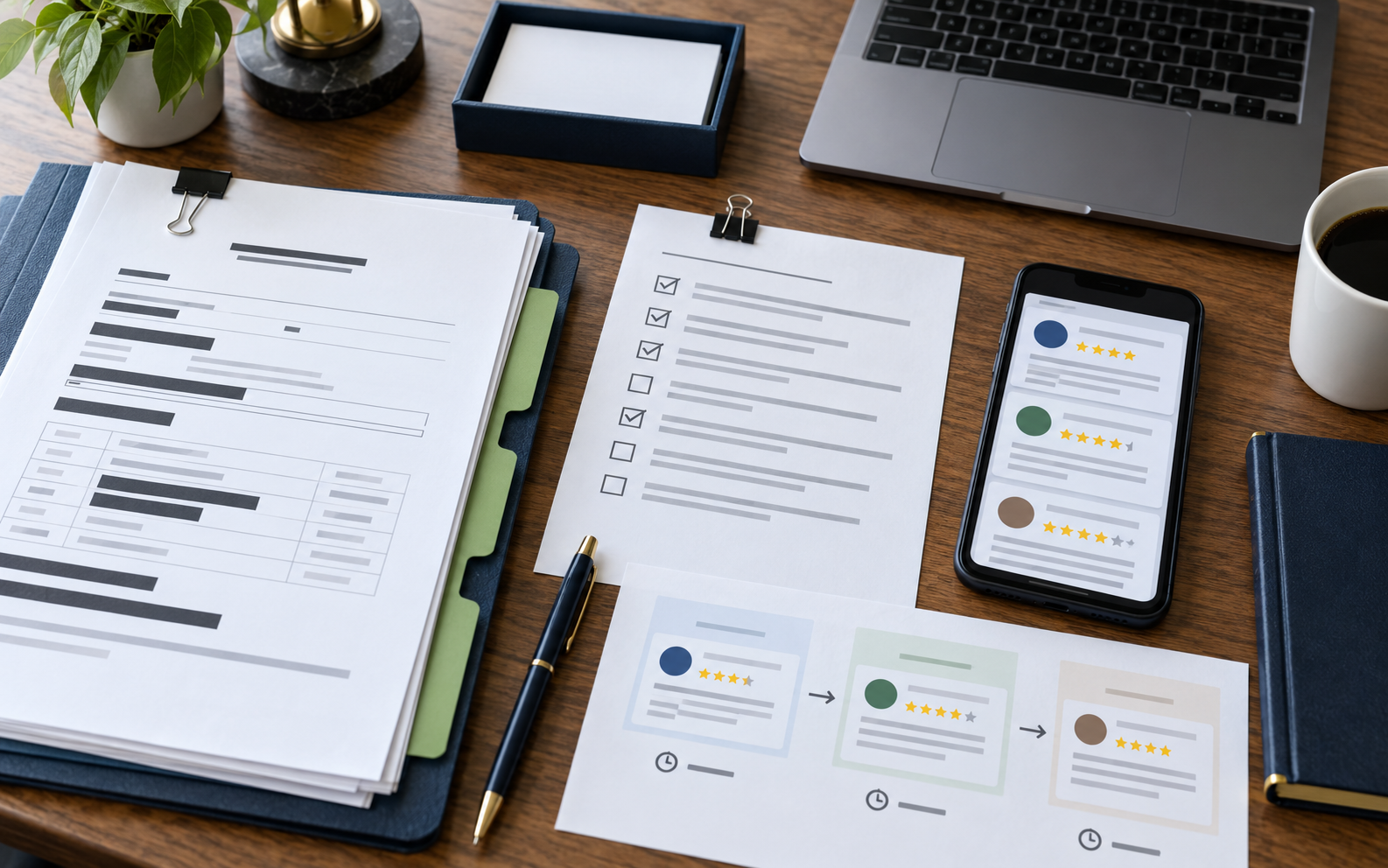 Law office desk with abstract mobile review cards, version history notes, and a checklist for preserving edited online reviews