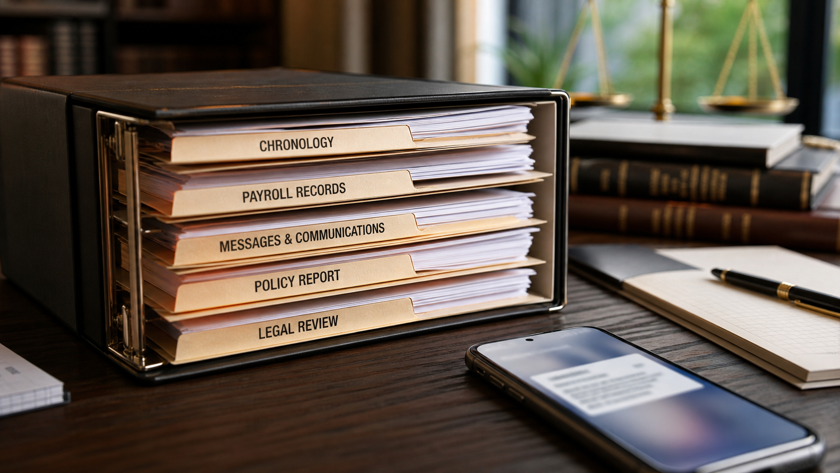 Evidence preservation binder with chronology, payroll records, communications, policy report, and legal review tabs