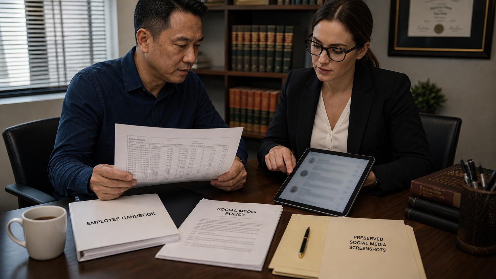 Business owner and attorney reviewing payroll records, employee handbook, social media policy, and preserved online review screenshots