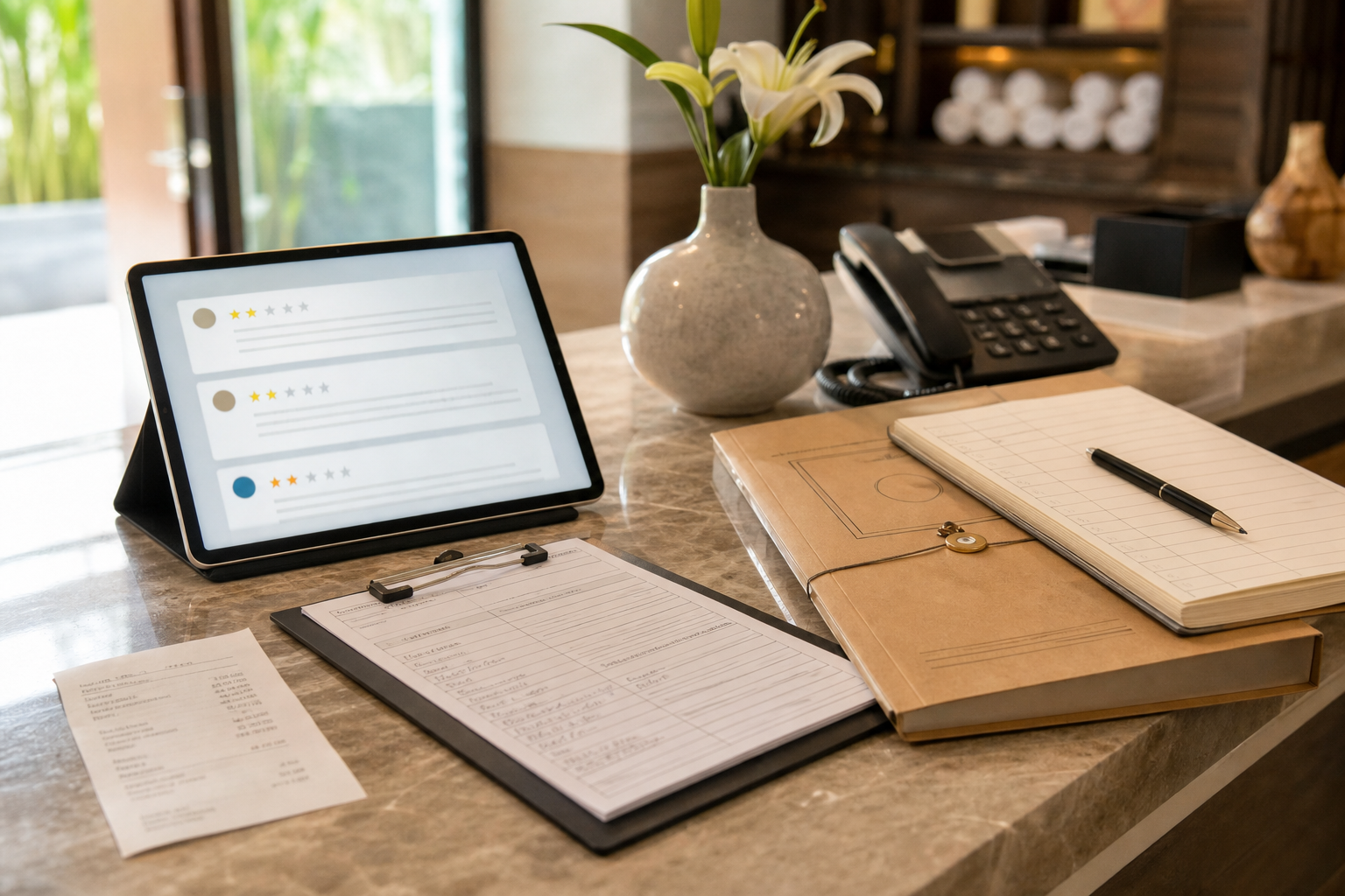 Hospitality business desk with abstract review cards, appointment records, and receipts