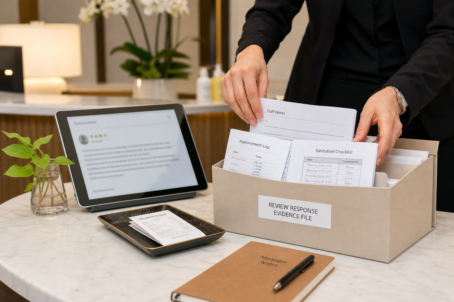 Hospitality manager preserving appointment logs, sanitation checklist, staff notes, payment receipts, and online review evidence