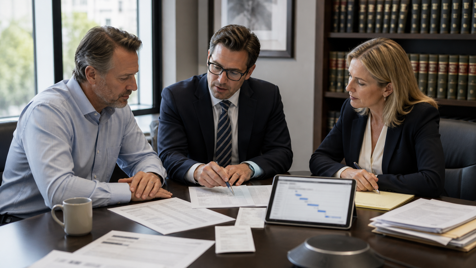 Attorney, business owner, and accountant reviewing anonymized business records and online review evidence in a conference room