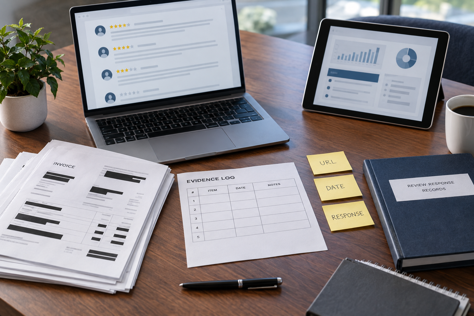Redacted invoices, abstract online reviews, and an evidence log arranged on a business law office desk