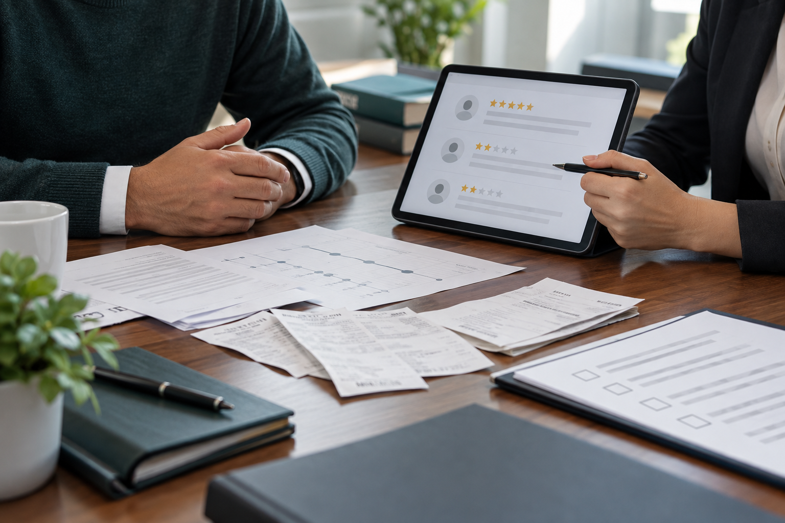Business owner and lawyer reviewing abstract online reviews, receipts, and complaint evidence in a conference room