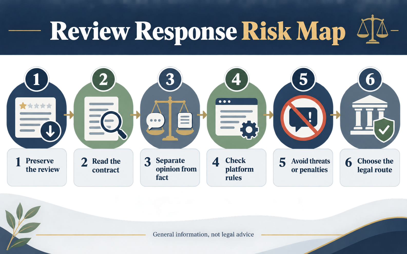 Review Response Risk Map infographic showing six steps for preserving a review, reading the contract, separating opinion from fact, checking platform rules, avoiding threats, and choosing the legal route