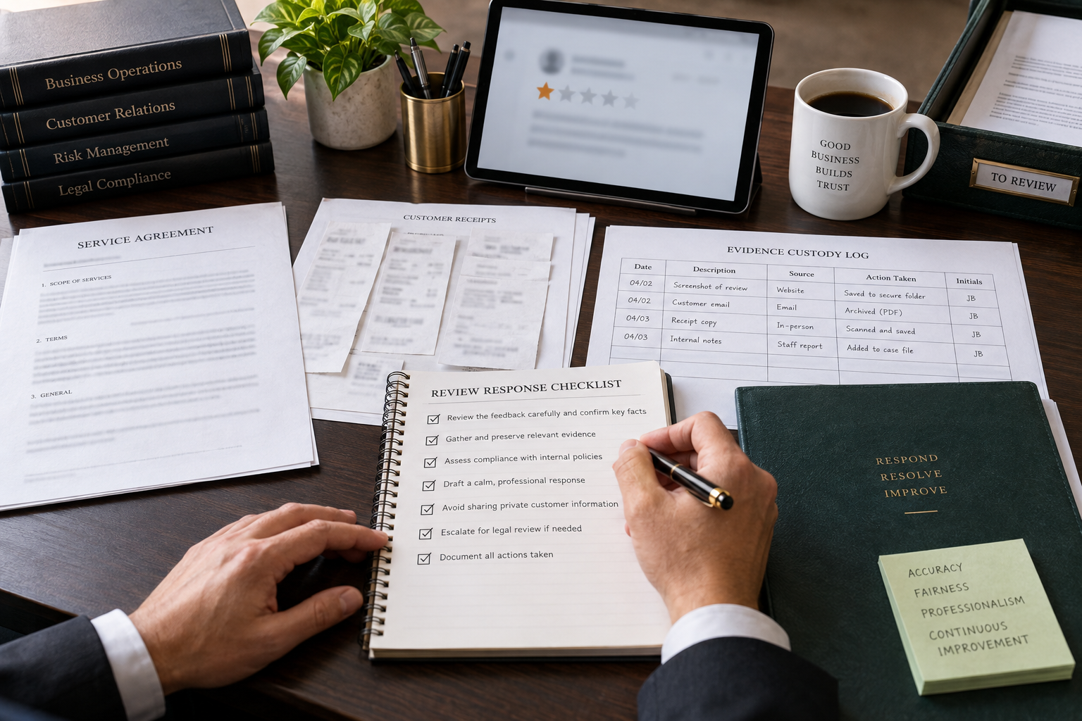 Review response checklist, service agreement, blurred customer records, and evidence custody log on a business law office desk