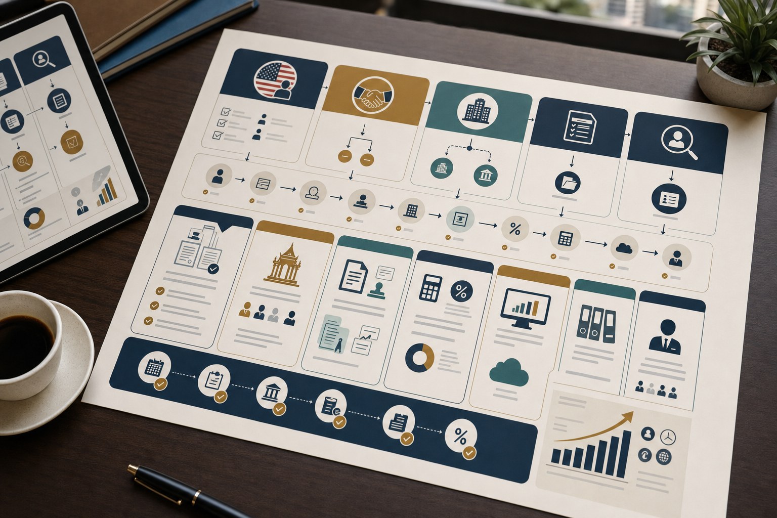 Complex realistic infographic showing Thailand company registration and accounting compliance workflow