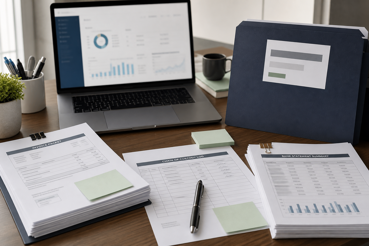 Organized invoice packets, chain-of-custody log, bank statement summaries, and an abstract review dashboard on an office desk